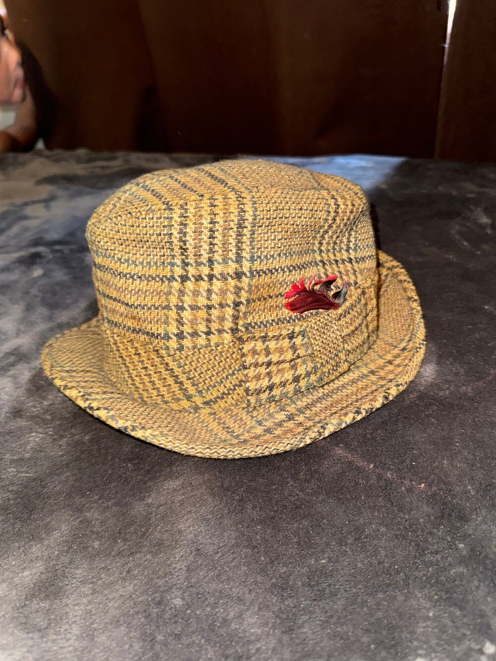 Vintage Adam New York Plaid Fedora Size 7 1/8 Brown Wool Blend Hat